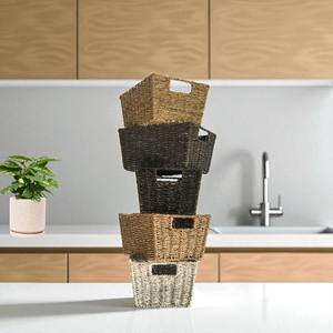 ISLA Wholesale Handwoven Seagrass Rectangular Storage <b>Baskets</b> Stackable <b>Wicker</b> Organizer 4 Pack Bin Set With Cutout <b>Handles</b> - Product Image 3