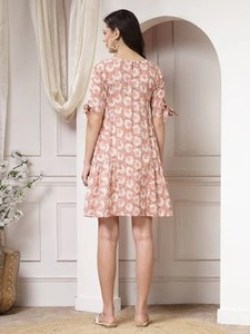 Vestido corto de algodón con bloque de mano indio, estampado Floral, ODM sostenible para damas de oficina, novia, regalo de boda, Natural personalizado - Product Image 2