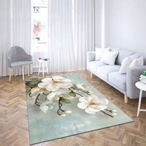 Alfombra Floral de Magnolia Blanca, Elegante Alfombra con Estampado Digital, Suave Tapete Botánico Azul, Alfombra de Chenilla - Product Image 5