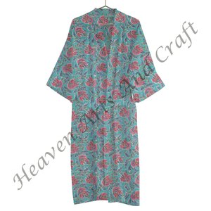 Handmade Indian Cotton Kimono Hand Block Printed Block Print Bathrobe Women's Night Wear Top With Beach Style Dress - Product Image 2