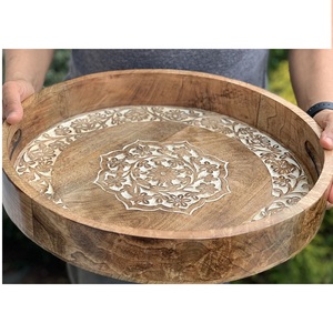 Venta caliente bandeja de servicio de forma redonda hecha de madera con asas de metal accesorios de cocina vajilla bandeja de uso nueva llegada - Product Image 2