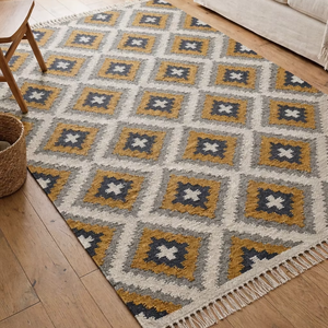 Alfombra Kilim Hecha a Mano de Lana con Patrón Geométrico, Ecológica, Antideslizante, Reversible y con Base Acolchada de Yute, Pelo Plano - Product Image 1