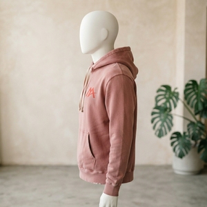 MATTIERA <b>Mens</b> Embroidered Dusty <b>Pink</b> Washed Pullover <b>Hoodie</b> Red Logo 100% Cotton Fleece Sweatshirt Streetwear Casual Hooded Top - Product Image 2