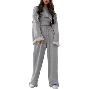 ชุดวอร์ม2ชิ้นกางเกงขากว้างและเสื้อครอปสำหรับผู้หญิงชุดวอร์มทรงหลวมแบบลำลองทันสมัย - Product Image 6