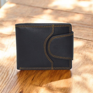Portefeuille bifold en cuir véritable noir, blocage RFID, grain supérieur, fin, motif de fil long, portefeuille pour homme, porte-cartes sécurisé, classique - Product Image 2
