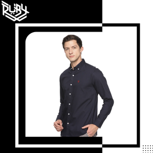 เสื้อเชิ้ตทางการแขนยาวสำหรับผู้ชายคอตตอนปกสูงลายเรียบ - Product Image 3