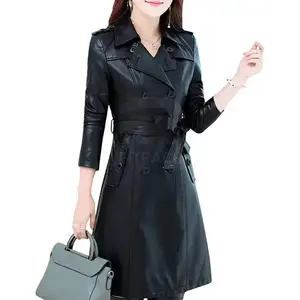 Online Hot Selling Women Leather Long Coat Outdoor Use Windproof Women Leather Long Coats