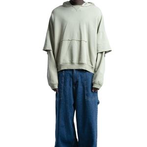 Vente en gros de quantité minimale de commande bas d'usine de pulls à capuche délavés à l'acide à manches doubles pour hommes de meilleure qualité design de pulls à capuche pour hommes surdimensionnés Boxy amples - Product Image 3