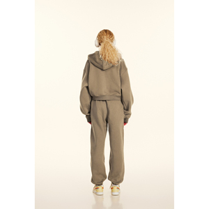 Women Autumn Printed Khaki Full Zip Hoodie <b>Jogger</b> Set Oversized <b>Crop</b> Sweatshirt Trackstar OEM Private Label - Product Image 3