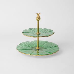 Support à gâteaux et cupcakes de luxe en métal vert tropical moulé, motif feuille, 2 niveaux, fait main, écologique, ananas doré, cadeau pour la maison - Product Image 1