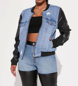 Venta al por Mayor de Chaquetas Vaqueras para Mujer, Nueva Moda de Verano, Chaqueta Corta Vaquera Lavada, Chaqueta Vaquera con Mangas de Cuero, Chaqueta Vaquera Personalizada - Product Image 2