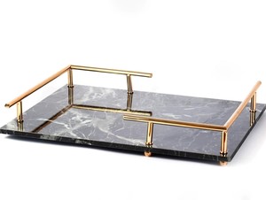 Plateau de service rectangulaire moderne en marbre noir avec poignées en métal doré pour la décoration de la maison, l'hôtel, le restaurant, la table basse, la cuisine - Product Image 3