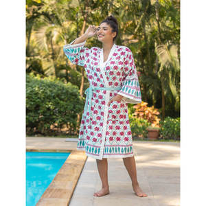 Albornoz de Lujo de Algodón Estampado a Bloques para la Familia, con Cordón y Diseño Floral, Ropa de Casa - Product Image 6