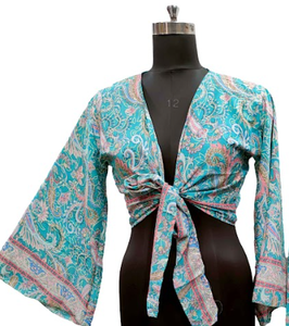 Tie <b>Top</b> Plazo Set Best Selling Long Bell Sleeve <b>Top</b> With Pajama Set With Pajama Silk Wrap <b>Top</b> with Palazzo - Product Image 2