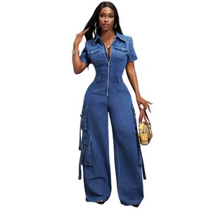 Combinaison cargo en jean pour femme, manches courtes, fermeture éclair avant, jambes larges, décontractée, bleu foncé délavé, séchage rapide, respirante, 100% coton, OEM - Product Image 1