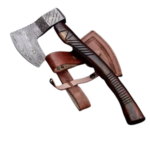 Hache en acier Damas avec manche en bois et couverture en cuir Outil de chasse en plein air - Product Image 1