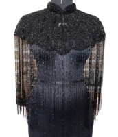 Clásico Exclusivo Vintage Negro Bordado a Mano con Cuentas y Lentejuelas, Flecos Densos, Malla Transpirable, Ecológico, Talla Grande, Primavera