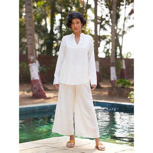 Casual Flare <b>Palazzo</b> <b>Pants</b> Breathable Knitted Viscose Slub Solid Winter <b>White</b> - Product Image 4