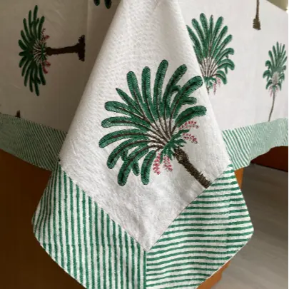 Pine Green and Peanut Brown Print Tablecloth Palm Tree Print with Green Striped Border Indian Hand Block Printed Tablecloth