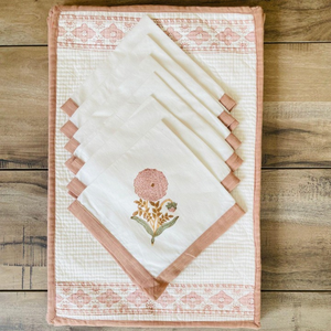 Hand Block Printed Cotton <b>Placemats</b> Peach Floral Gingham Border Table Linens Indian seller - Product Image 1