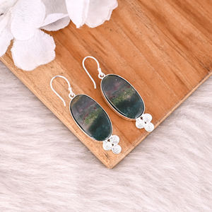 Superbe boucle d'oreille pendante en laiton plaqué argent avec pierre naturelle Agate Sanguine pour femme - Fournisseur de bijoux personnalisés - Product Image 3