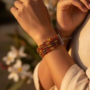 "Garnet & <b>Jade</b> Beaded Wrap <b>Bracelet</b> for Women Boho Style Christian Religious Gold Plated" - Product Image 1