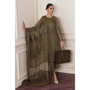 Conjunto de Traje de 3 Piezas para Mujer en Chifón, Organza y Seda con Bordado Verde UF-295 - Product Image 1