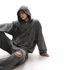 Conjunto Deportivo Personalizado para Hombre, Estilo Urbano, Lavado Ácido, Desgastado, 100% Algodón, Sudadera con Capucha y Cremallera, Pantalones Acampanados, Traje Deportivo Estampado para Invierno - Product Image 2