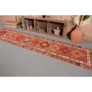 Tapis Kilim turc vintage 2,8x12.3 pieds rouge vert Patchwork laine Latex support Style classique pour entrée chambre 10mm d'épaisseur - Product Image 3