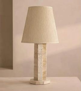 Luxury travertine stone table <b>lamp</b> with pleated linen fabric <b>shade</b> handcrafted design warm ambient light <b>for</b> elegant home decor - Product Image 1