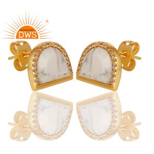 Meilleure vente de boucles d'oreilles en argent sterling plaqué or 18 carats avec pierres précieuses Cz et Howlite naturelles Fabricant de bijoux personnalisé - Product Image 2