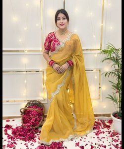 Saree de mariée en mousseline de soie avec broderie en filet et chemisier prêt à l'emploi pour mariage et fête - Product Image 2