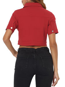 Mélange de coton doux et léger recadrée pour les femmes mode veste en jean courte légère ajustée extensible avec poches - Product Image 2