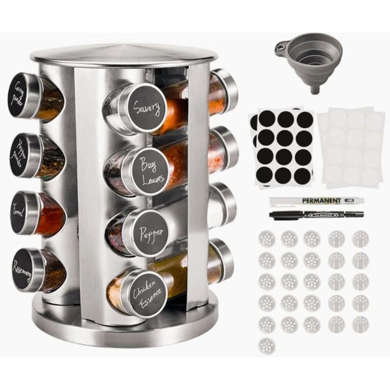 Cabinet Spice Rack Iron Storage Shelves Holder and Rack Round Shape Silver Polished Rotating Base Multipurpose