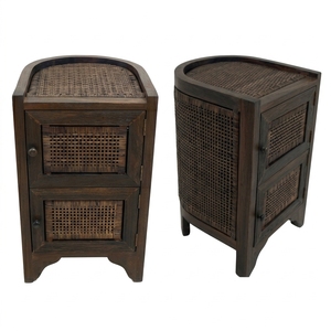 New Modern Minimalist Baron Wooden Storage <b>Cabinet</b> Natural Rattan Webbing 2 Doors <b>Corner</b> Side Table Storage Unit Living Room Bed - Product Image 1