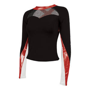 Custom Cheerleading Uniform <b>Top</b> for Women Long Sleeve <b>Rhinestone</b> <b>Mesh</b> Shell <b>Top</b> with Metallic Color Block Design - Product Image 3