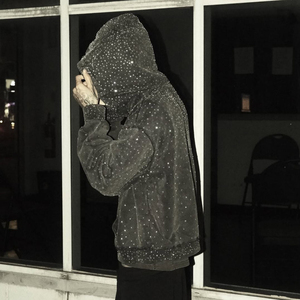 Sweat-shirt à capuche avec fermeture éclair, coupe ample, effet délavé, entièrement recouvert de strass, chaud pour l'hiver, en polaire, pour hommes, meilleur prix - Product Image 6