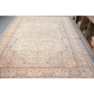 Alfombra turca Vintage clásica Beige azul 6,9 X 10.3ft lana hecha a mano látex respaldo Patchwork patrón abstracto para sala de estar pasillo - Product Image 1