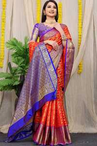 Sari de Seda Tejido a Mano de Kanchipuram, Diseño de Moda, para Fiestas y Bodas, Venta al por Mayor en Línea - Product Image 6