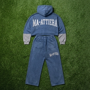 Conjunto de Sudadera Corta Azul con Efecto Ácido y Pantalones Jogger de Pierna Ancha para Mujer, de Algodón y Felpa, Estilo Urbano, Venta al por Mayor OEM - Product Image 5