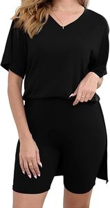 Conjunto de 2 piezas de punto para mujer, negro, con cuello en V, manga corta, pantalones cortos, ajuste holgado, informal, primavera-verano, color liso, uso diario, top con abertura - Product Image 2