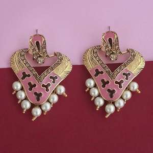 Kriaa 14K chapado en oro rosa Meenakari pendientes de aro de moda estilo religioso colgante 1314245D - Product Image 1
