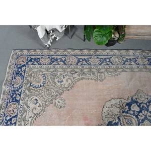 Vintage Turkish Rug 6.9 X 10.2ft <b>Pink</b> Blue Patchwork Design Flat Weave <b>Wool</b> with Latex Backing for Living Room Decorations - Product Image 2