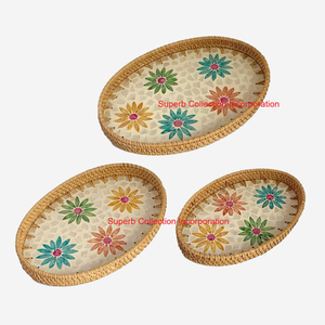 Plateau de service rond élégant en rotin avec incrustation de mosaïque en nacre bleue Plateau décoratif en canne tissée naturelle pour la maison et la cuisine - Product Image 3