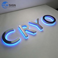 Enseigne lumineuse bleue en acier inoxydable brossé, logo rétroéclairé, lettres LED rétroéclairées pour la publicité commerciale