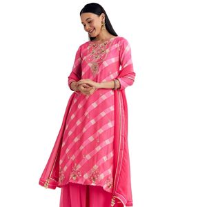 Traje de Chinon Palazzo rosa con Zardosi e hilo de trabajo, venta al por mayor de ropa étnica para mujer, fábrica de ropa OEM, proveedor a granel personalizado - Product Image 1