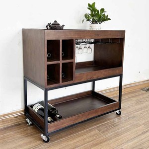 KR68002 Modern Antiqued Home Furniture Solid Oak Mobile <b>Wine</b> Rack with Iron Frame - Product Image 3