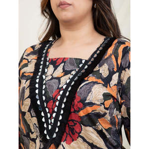 Ensemble coordonné DEEBACO pour femmes, imprimé floral, grande taille, Kurti à col en V avec dentelle et pantalon longueur cheville, tenue occidentale en 2 pièces - Product Image 2
