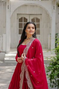 Red Fancy Designer Salwar Kameez Dupatta Indian Women's Party Wear Floor-Length Quick Dry Faux Georgette Regular Fit All Seasons - Product Image 2