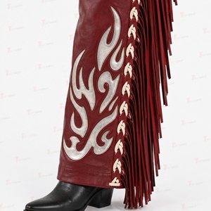 Pantalones de montar de cuero genuino para mujer Tara Goat, de talle alto con flecos y diseño de llamas. - Product Image 6